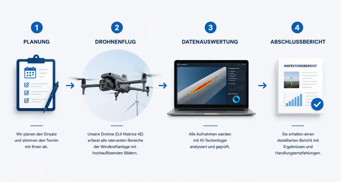 Ablauf einer Windkraftanlagen-Inspektion: Planung, Drohnenflug, Datenauswertung, Abschlussbericht