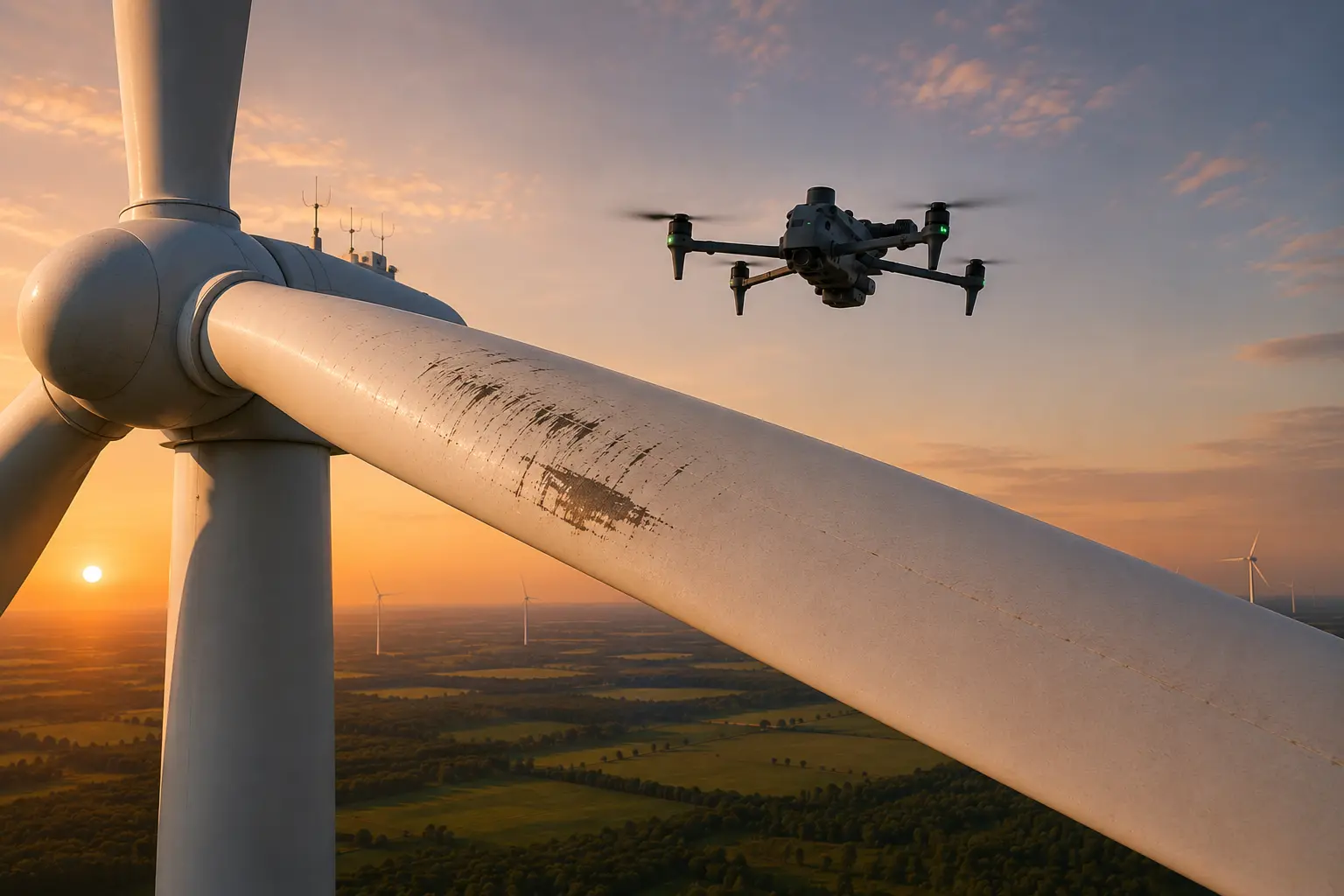 Drohneninspektion eines Rotorblatts bei Sonnenuntergang